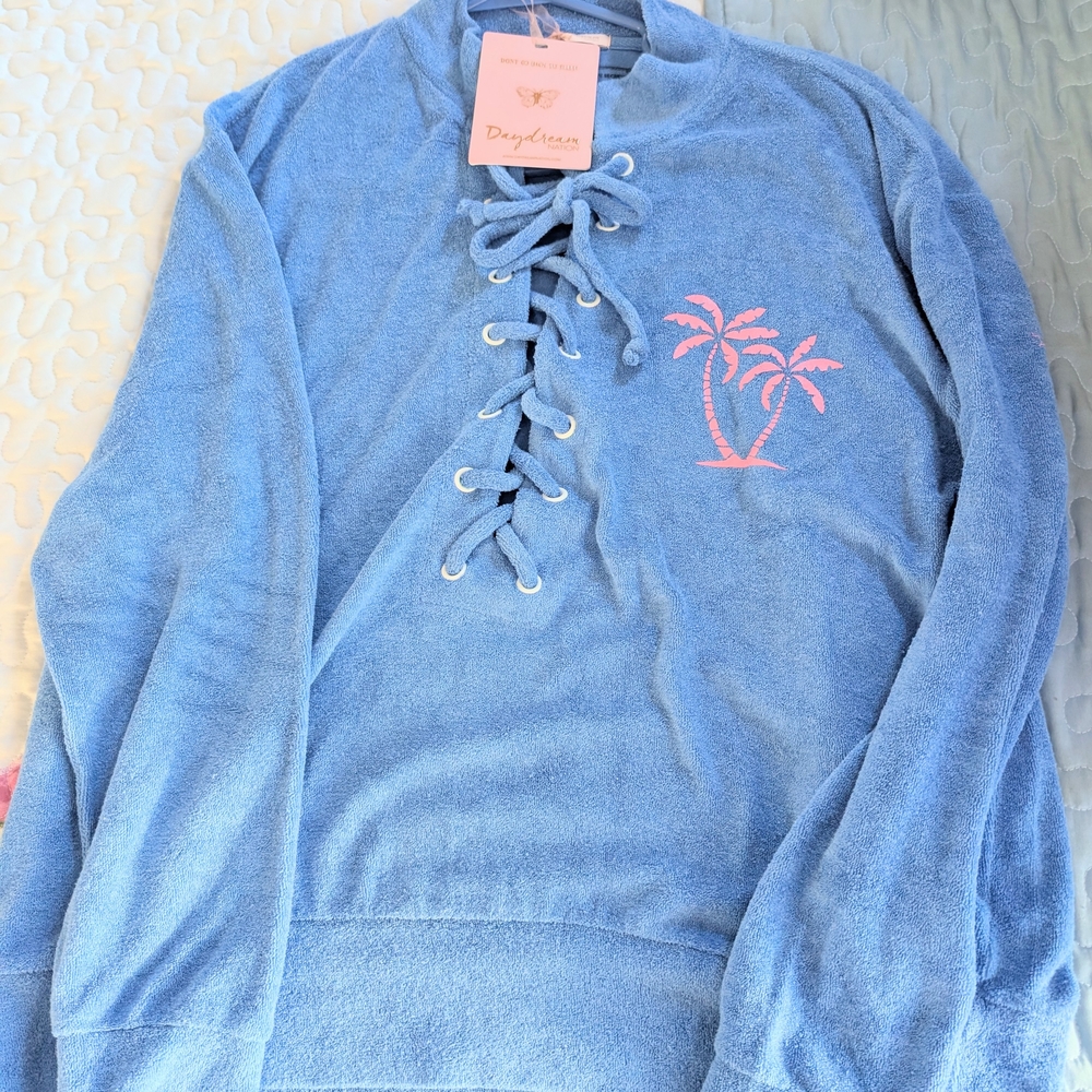 Daydreamer Blue and Pink Crew Neck Sweater with Lace-Up Detail